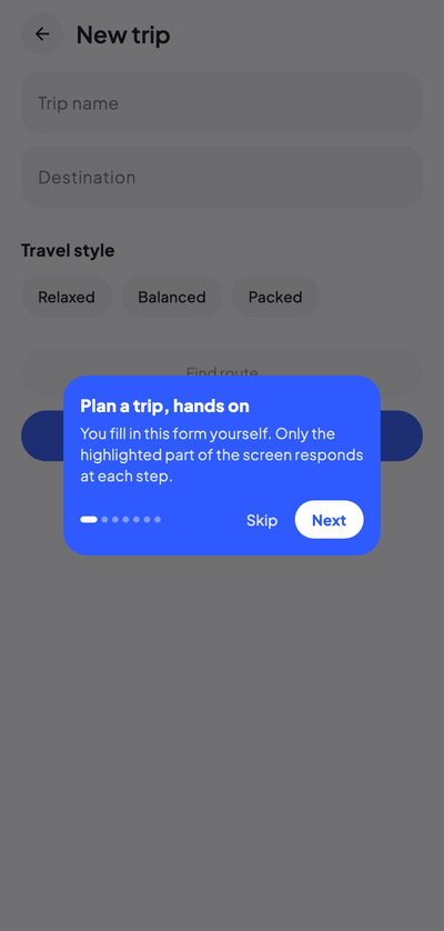 A hands-on step where the user types inside the highlighted field