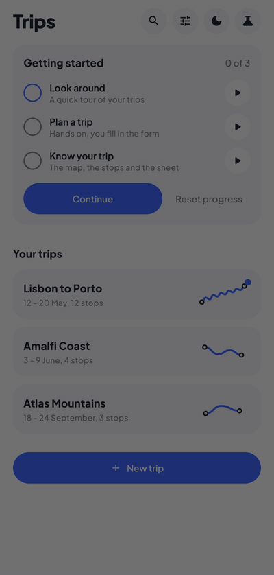 A spotlight tour moving between targets, then switching to dark theme